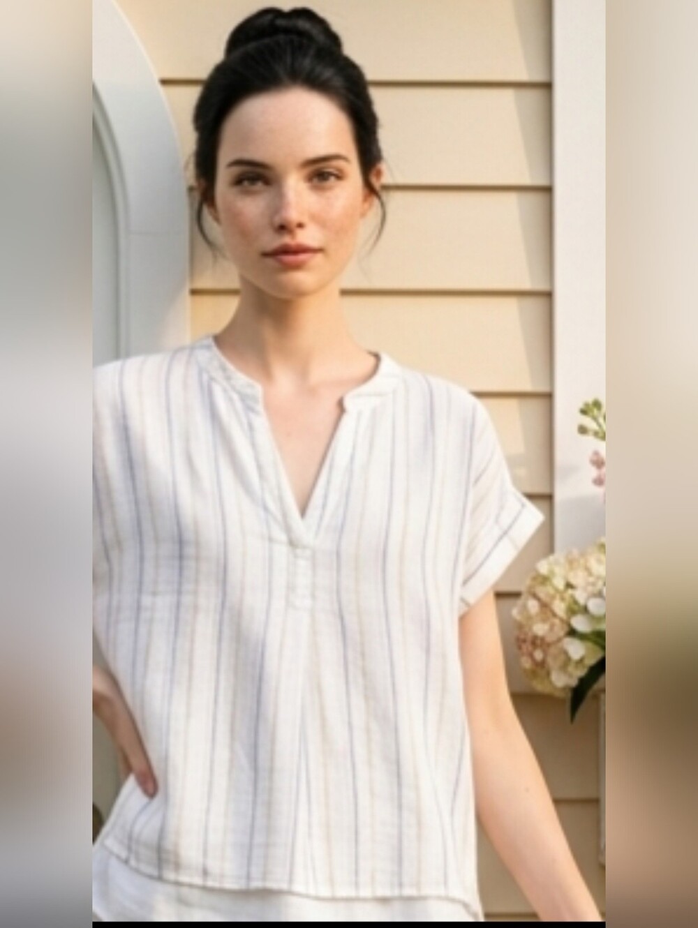 Madewell SZ S Boxy Short Sleeve V-Neck Striped Hi Lo Hem Coastal Cotton Top